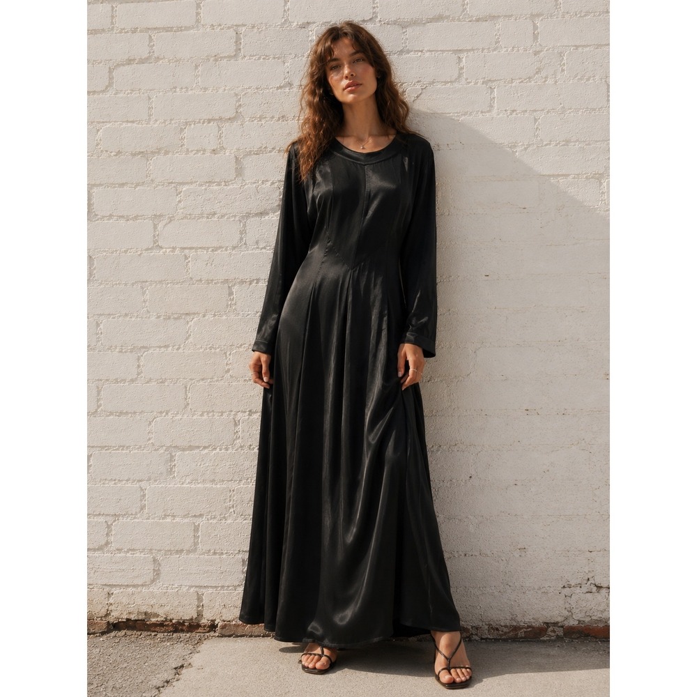 Vintage Akla‎ Black Satin Gothic Formal Evening Dress Long Sleeve Size 12 no